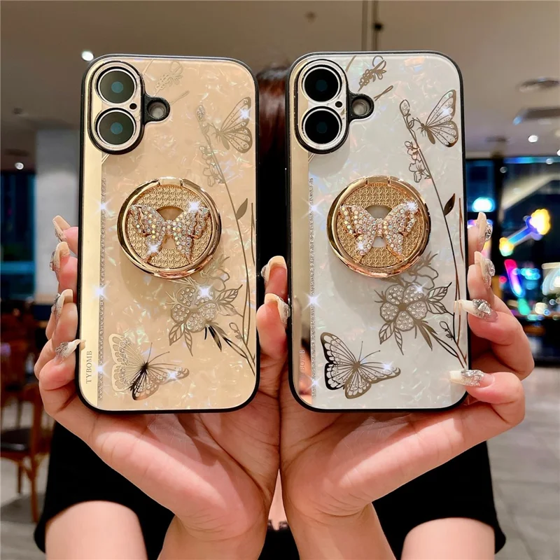 For iPhone 16 Case Rhinestones Decor Kickstand TPU+PC Butterfly Floral Phone Cover - Gold