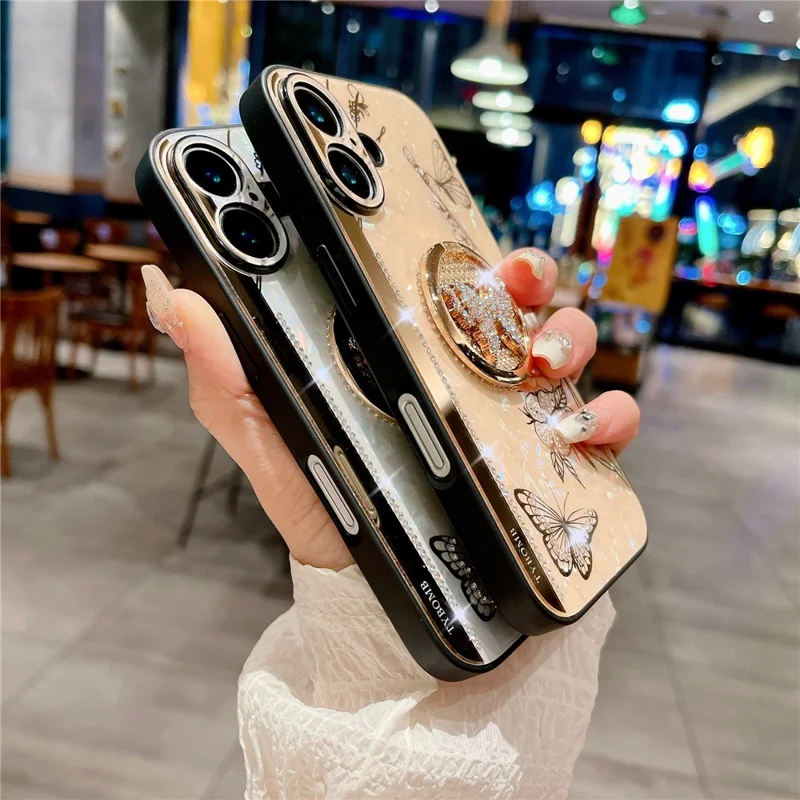 For iPhone 16 Case Rhinestones Decor Kickstand TPU+PC Butterfly Floral Phone Cover - Gold