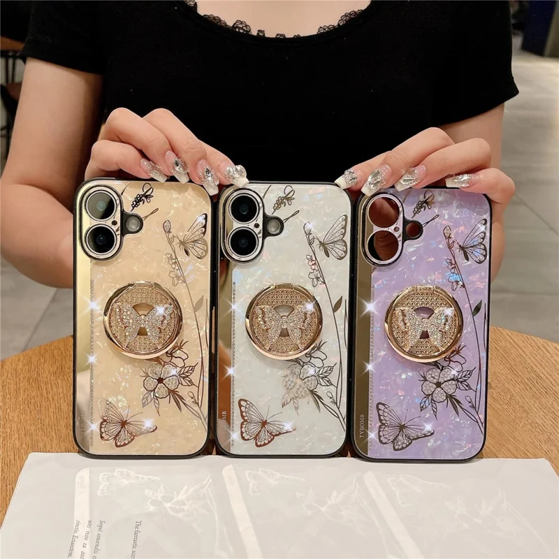 For iPhone 16 Case Rhinestones Decor Kickstand TPU+PC Butterfly Floral Phone Cover - Gold
