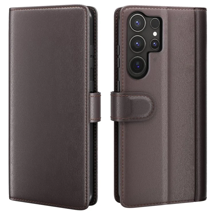 Для Samsung Galaxy S25 Ultra Case Genuine Split Leather Phone Cover Wallet Card Slot - Brown