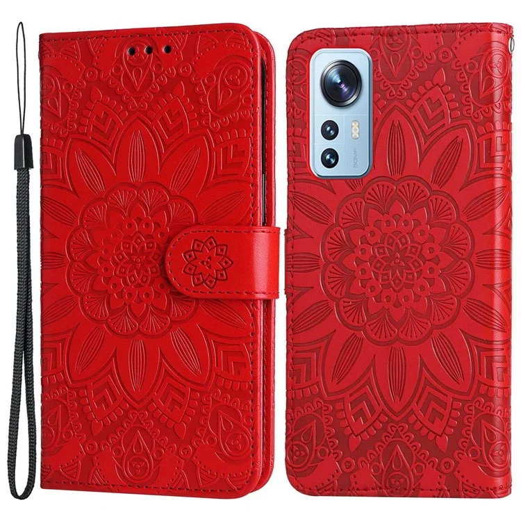 Pour Xiaomi 12 Lite 5g, Motif de Tournesol Imprimé PU Cuir Flip Stand Case de Téléphone Portefeuille Couverture de Téléphone de Protection Avec Sangle - Rouge