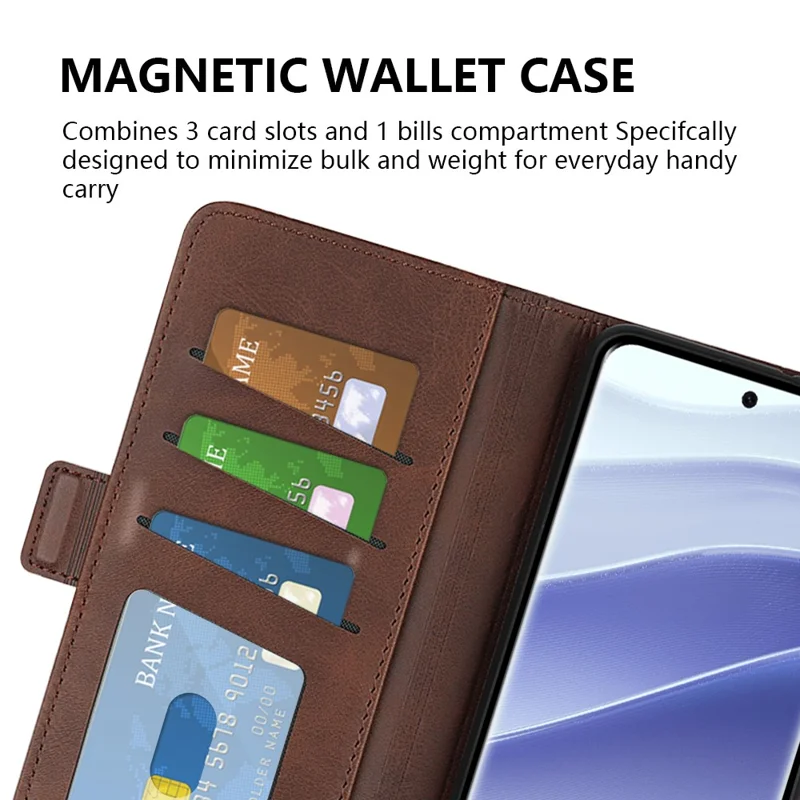 For Xiaomi Redmi Note 14 Pro 5G / Poco X7 5G Stand Case Calf Texture Leather Wallet Phone Cover - Brown