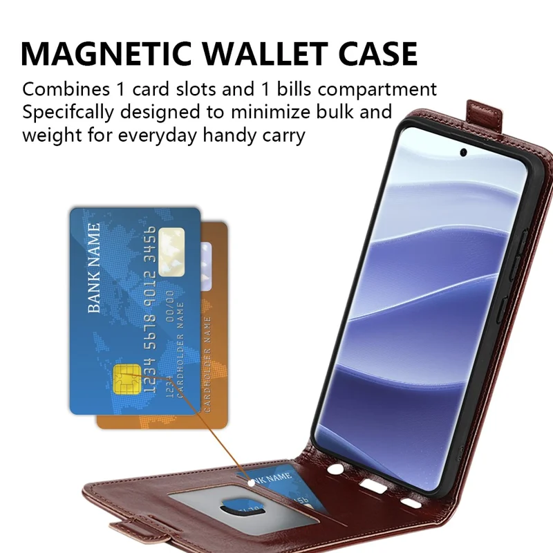 Voor Xiaomi Redmi Note 14 Pro 5G / Poco X7 5G hoesje met kaartsleuven, verticaal flip lederen telefoonhoes - Bruin