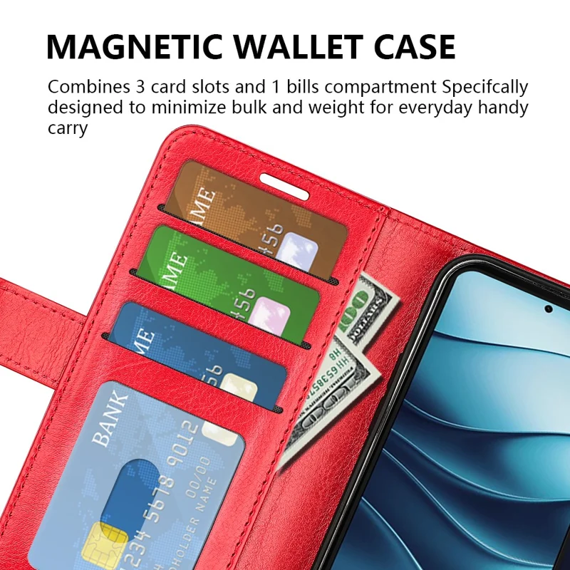 Für Xiaomi Redmi Note 14 Pro 5G Wallet Case Crazy Horse Textur Ständer Leder Handyhülle - Rot