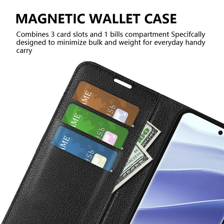 For Xiaomi Redmi Note 14 Pro 5G / Poco X7 5G Case Litchi Texture Shockproof Leather Wallet Phone Cover - Black
