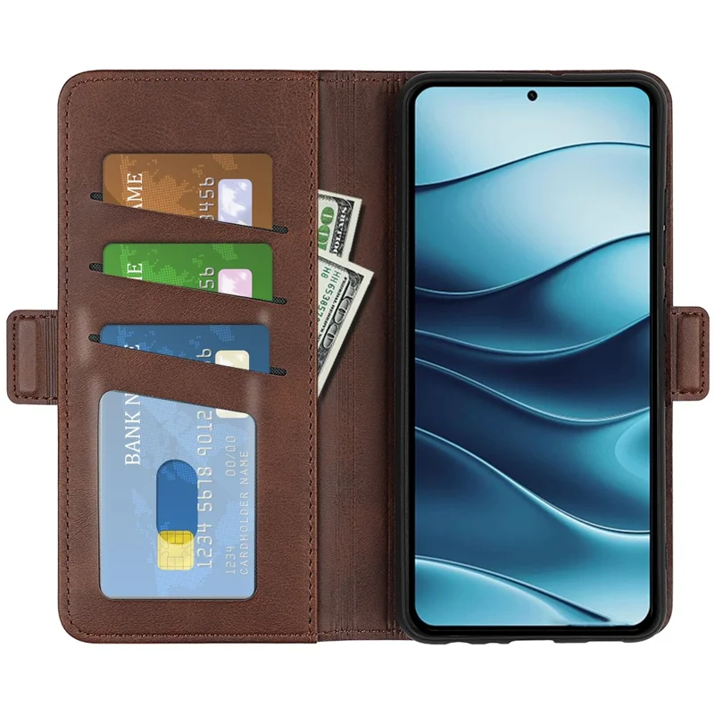 Til Xiaomi Redmi Note 14 5G stående kuvert med læderwallet i kalvelæder-look - Brun