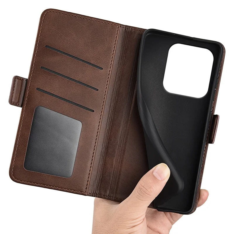 Til Xiaomi Redmi Note 14 5G stående kuvert med læderwallet i kalvelæder-look - Brun