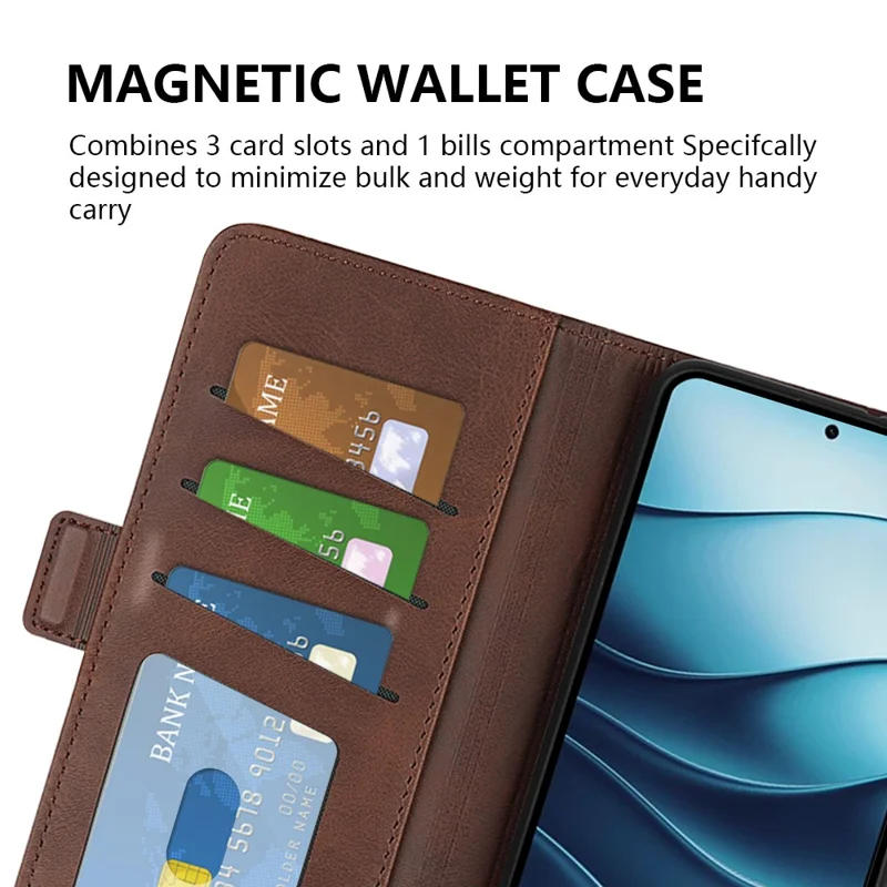 Til Xiaomi Redmi Note 14 5G stående kuvert med læderwallet i kalvelæder-look - Brun