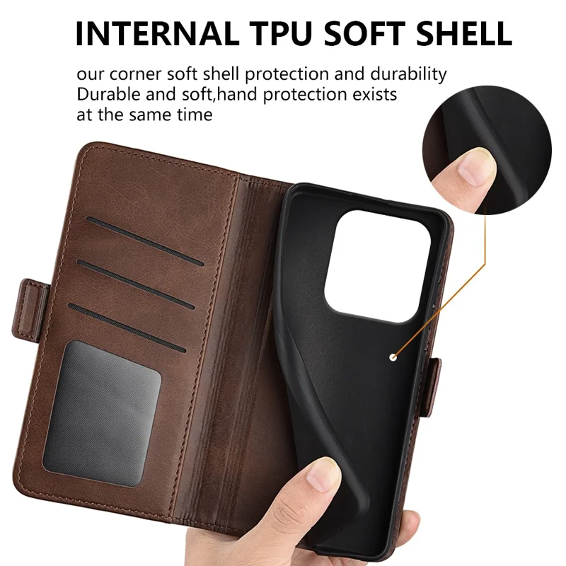 Til Xiaomi Redmi Note 14 5G stående kuvert med læderwallet i kalvelæder-look - Brun