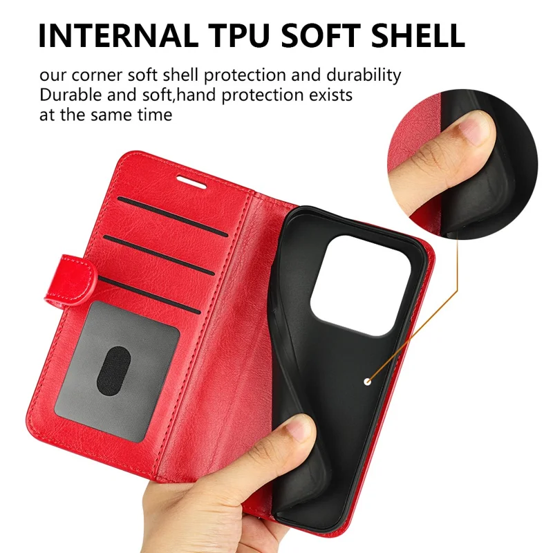 For Xiaomi Redmi Note 14 5G Wallet Case Crazy Horse Texture Stand Leather Phone Cover - Red