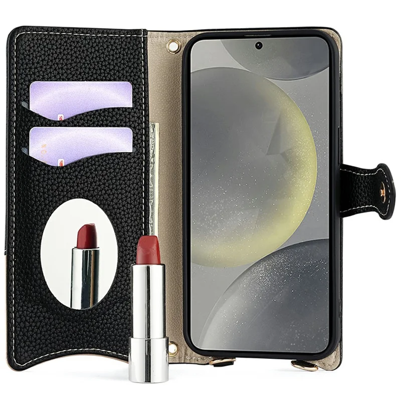 Voor Samsung Galaxy S25 Leren Hoesje Portemonnee Stand Cover met Onregelmatige Staartstijl en Kettingriem - Zwart