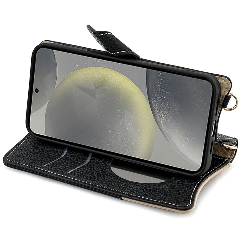 Voor Samsung Galaxy S25 Leren Hoesje Portemonnee Stand Cover met Onregelmatige Staartstijl en Kettingriem - Zwart