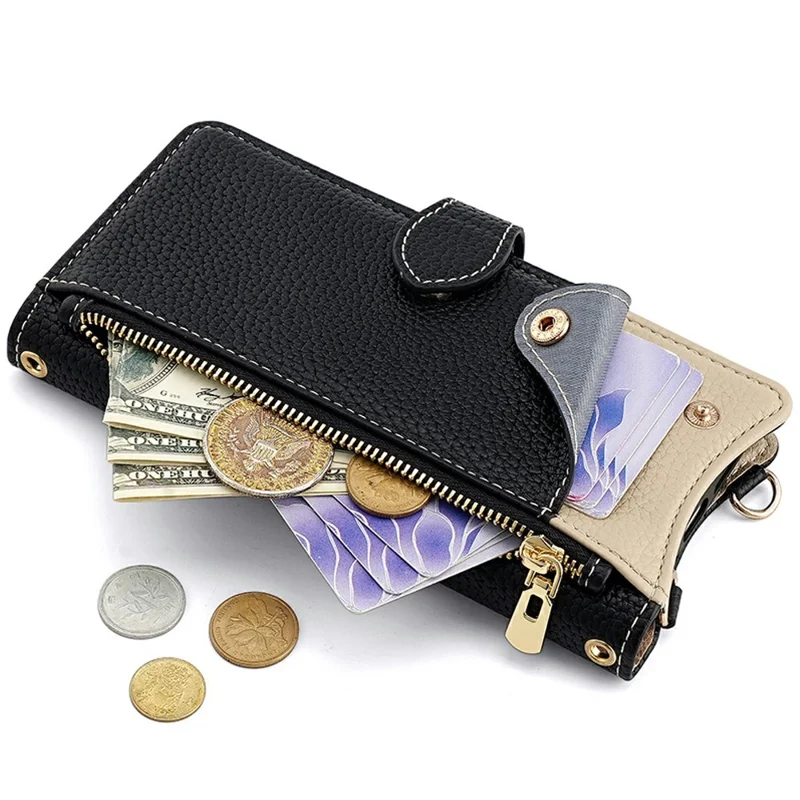 Voor Samsung Galaxy S25 Leren Hoesje Portemonnee Stand Cover met Onregelmatige Staartstijl en Kettingriem - Zwart