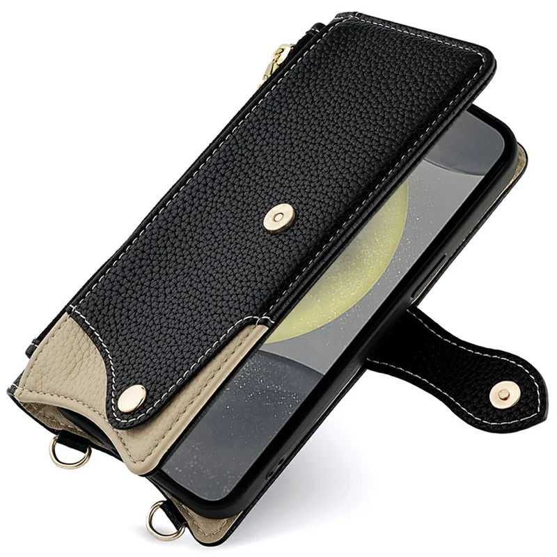 Voor Samsung Galaxy S25 Leren Hoesje Portemonnee Stand Cover met Onregelmatige Staartstijl en Kettingriem - Zwart