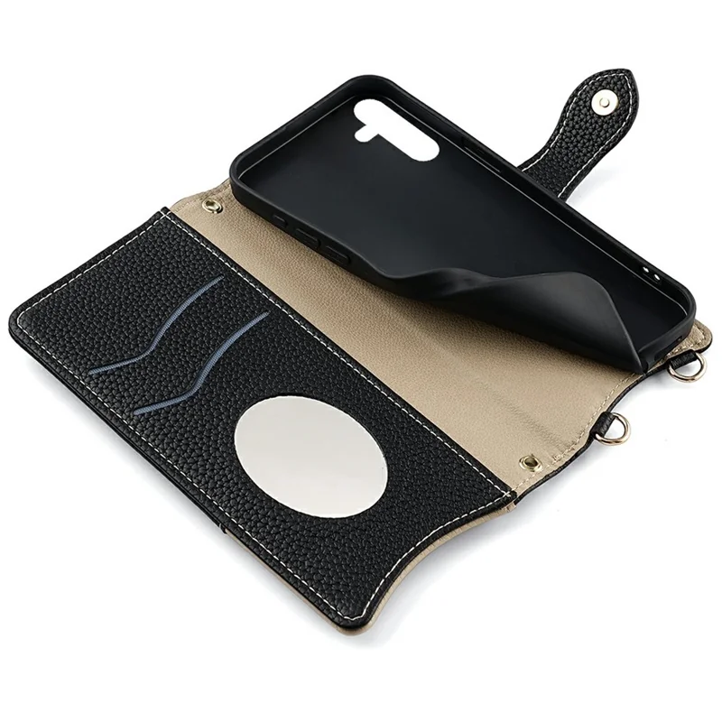 Voor Samsung Galaxy S25 Leren Hoesje Portemonnee Stand Cover met Onregelmatige Staartstijl en Kettingriem - Zwart