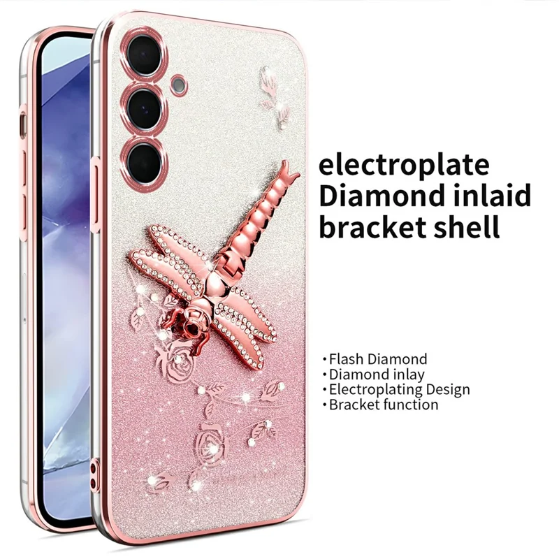 KADEM For Samsung Galaxy S24+ Case Dragonfly Kickstand TPU Flowers Glitter Phone Cover - Pink
