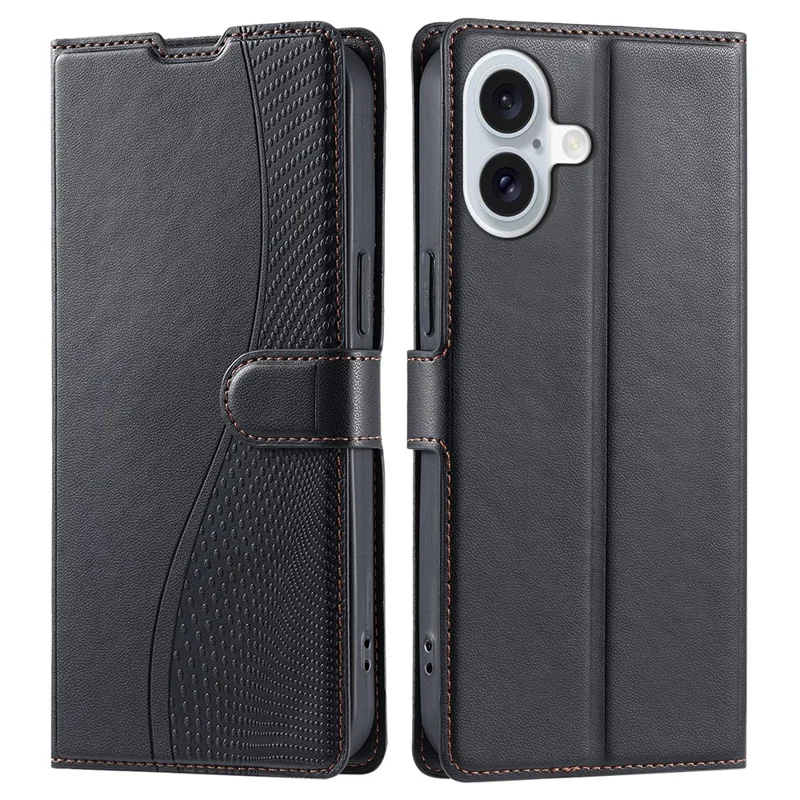 For iPhone 16 Case Dots Imprinted PU Leather Flip Phone Cover with Card Slot, Strap - Black