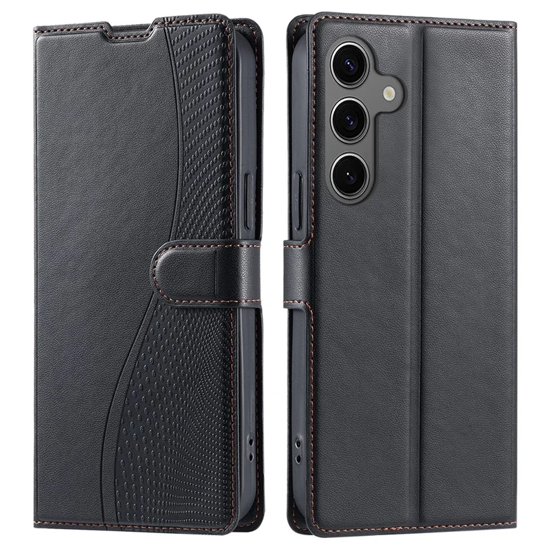 For Samsung Galaxy S24 Case Dots Imprinted PU Leather Flip Phone Cover with Card Slot, Strap - Black