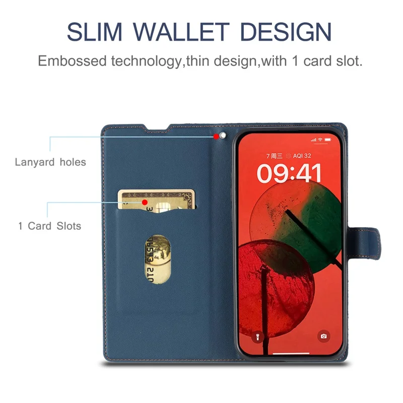 Coque pour Samsung Galaxy S23+ en cuir PU avec motif à pois, rabat et emplacement pour carte, avec dragonne - Bleu