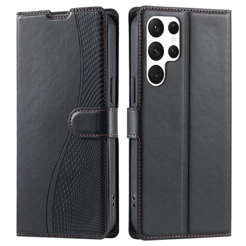 Voor Samsung Galaxy S23 Ultra Case Gestreepte PU Leren Fliptelefoonhoes met Kaartvak, Riem - Zwart