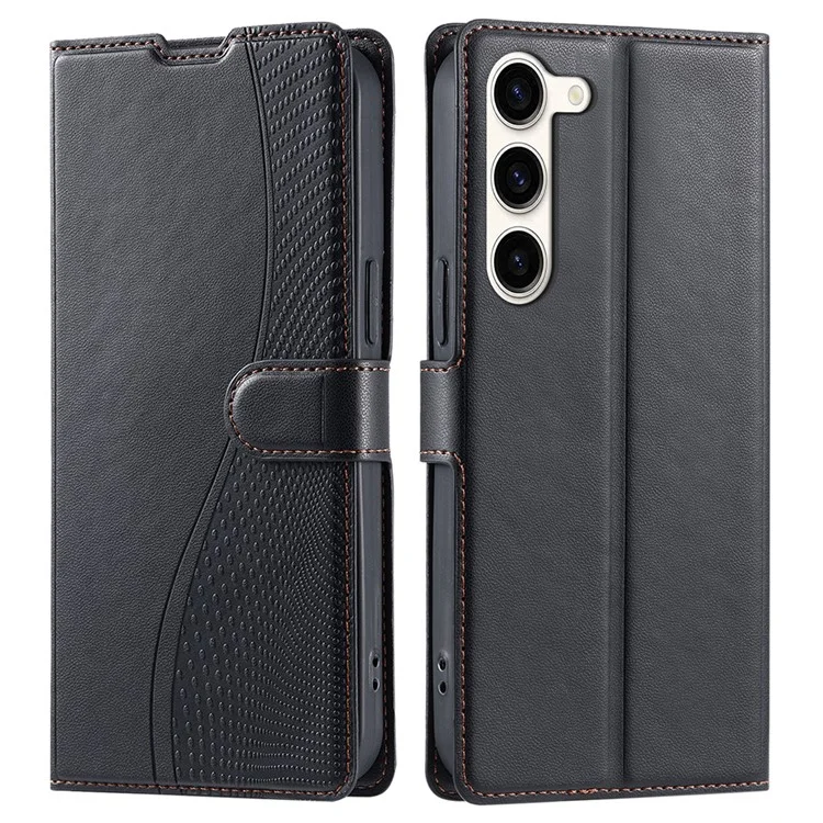 For Samsung Galaxy S23 Case Dots Imprinted PU Leather Flip Phone Cover with Card Slot, Strap - Black