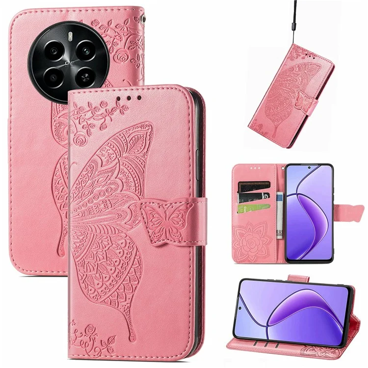 Custodia per Realme 13 Pro 5G in pelle PU Wallet Phone Cover Butterfly Pattern - Rosa