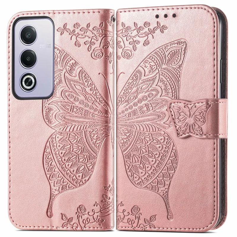 For Oppo A80 5G Case PU Leather Wallet Phone Cover Butterfly Pattern - Rose Gold