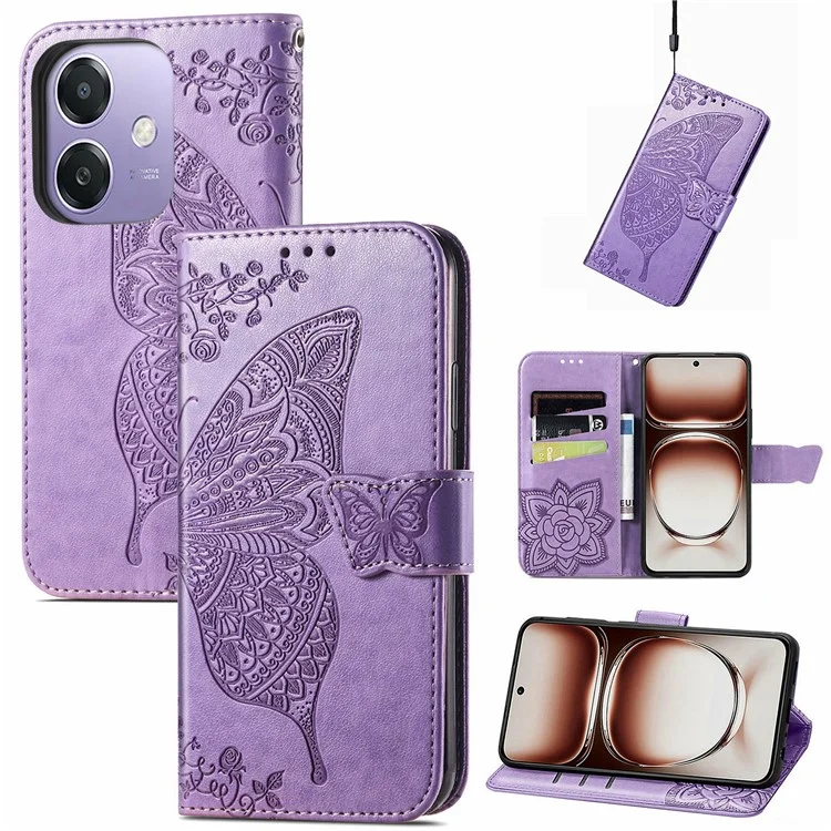 For Oppo A3x 5G Case PU Leather Wallet Phone Cover Butterfly Pattern - Light Purple