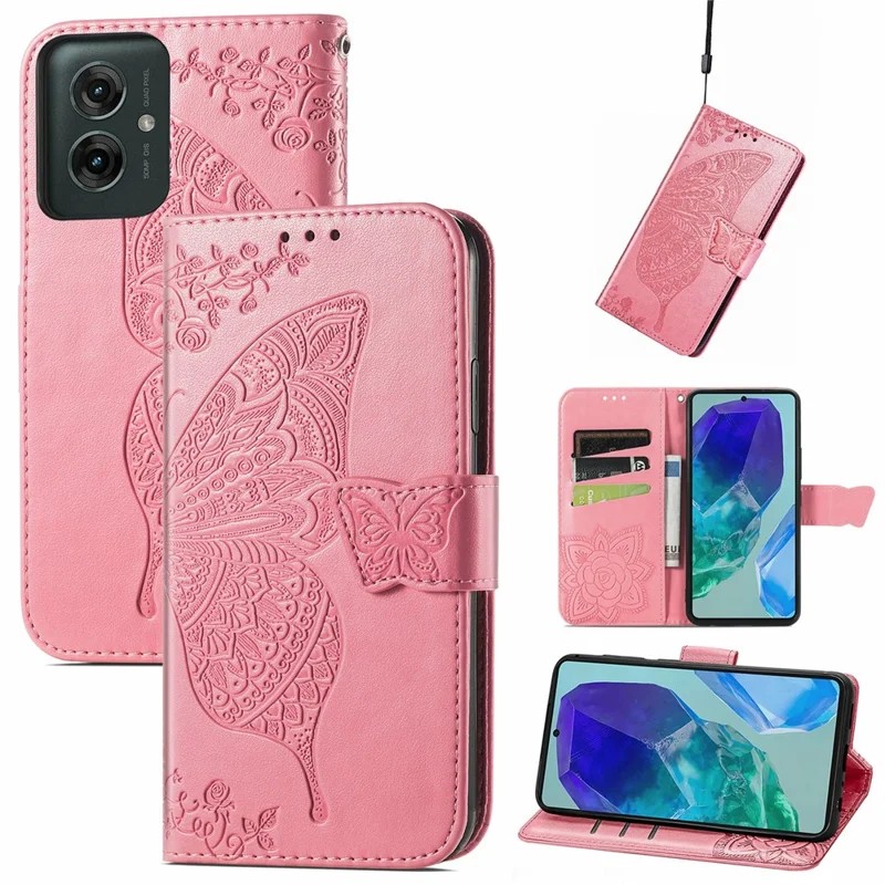 Per Motorola Moto G55 5G Custodia in Pelle PU Custodia per Telefono Cover a Farfalla - Rosa