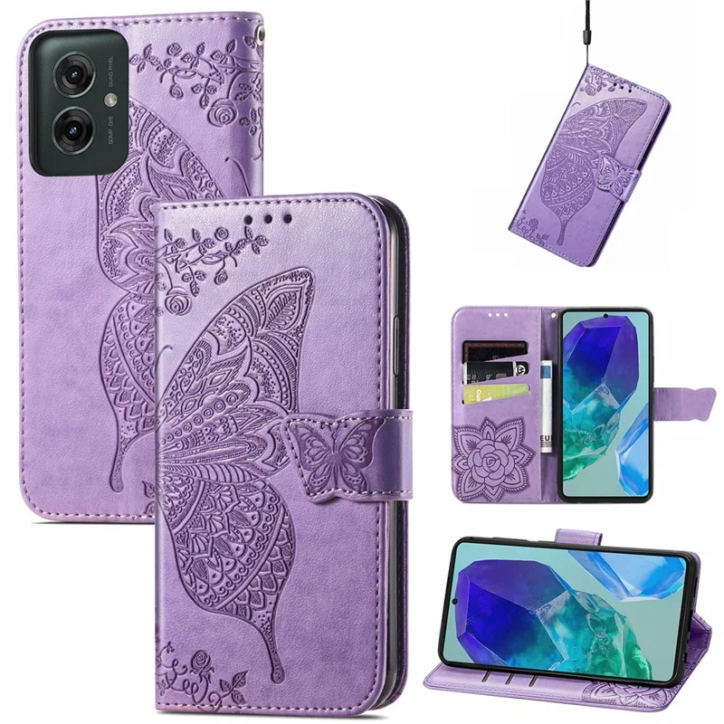 For Motorola Moto G55 5G Case PU Leather Wallet Phone Cover Butterfly Pattern - Light Purple