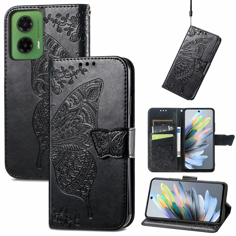 For Motorola Moto G35 5G Case PU Leather Wallet Phone Cover Butterfly Pattern - Black