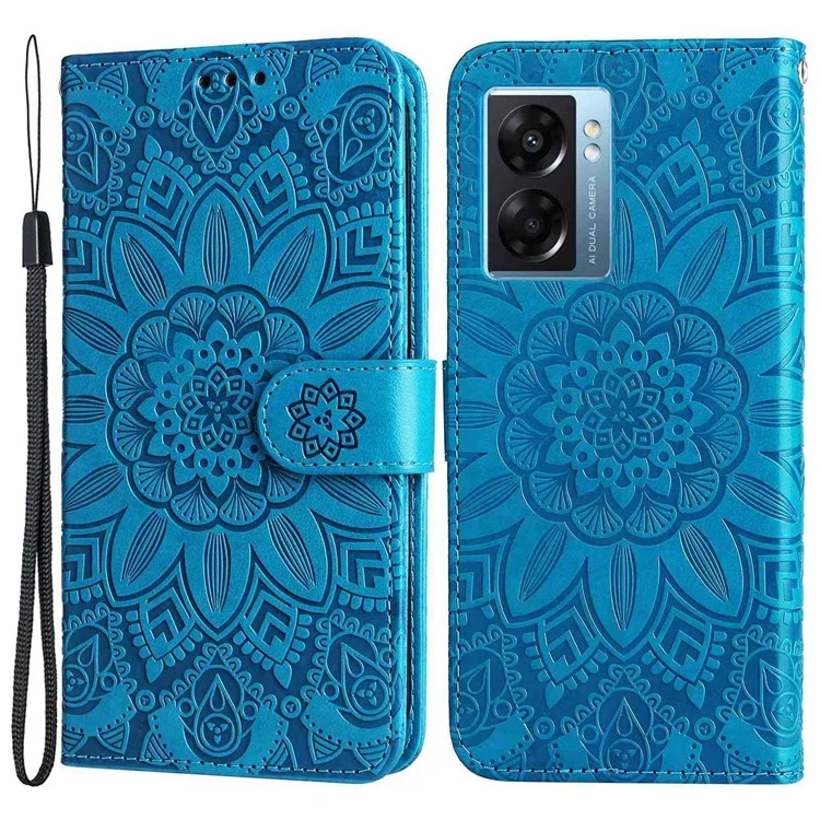 Für Oppo A57 (2022) 5G / A77 5G / K10 5G / A57 4G / A57s 4G / Realme Q5i / V23 4G / Narzo 50 5G PU Leder Hülle Sonnenblume geprägt Ständer Magnetisch Flip Geldbörse Handyhülle - Blau