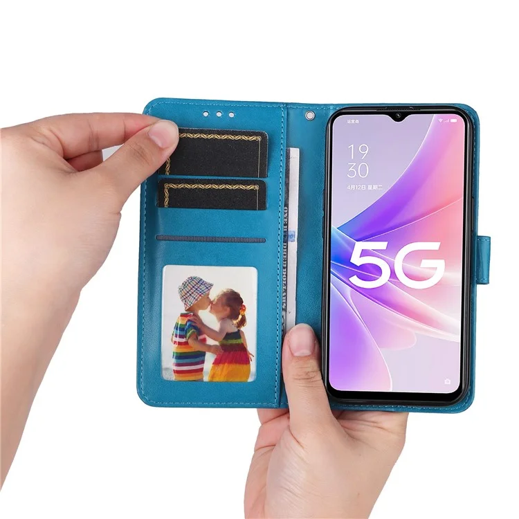 Für Oppo A57 (2022) 5G / A77 5G / K10 5G / A57 4G / A57s 4G / Realme Q5i / V23 4G / Narzo 50 5G PU Leder Hülle Sonnenblume geprägt Ständer Magnetisch Flip Geldbörse Handyhülle - Blau