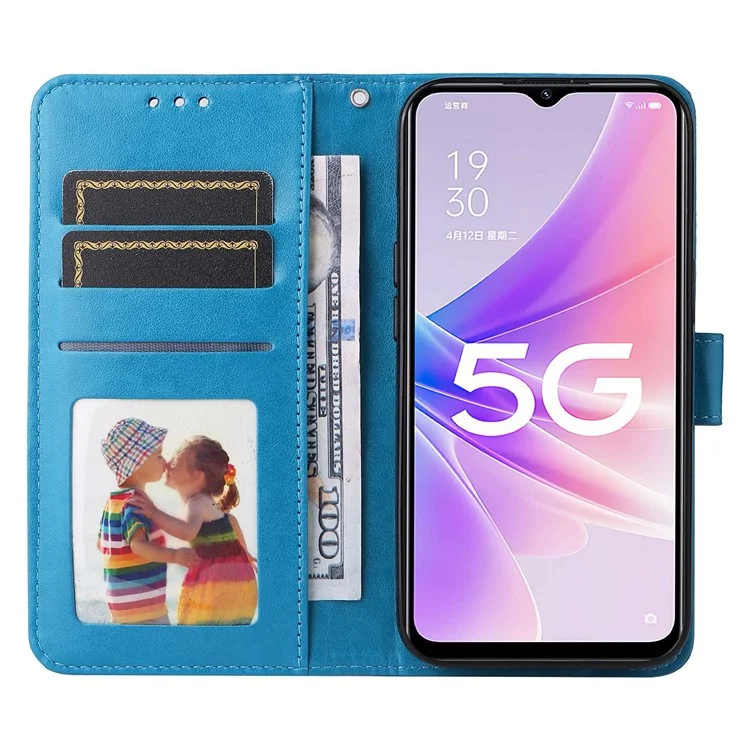 Für Oppo A57 (2022) 5G / A77 5G / K10 5G / A57 4G / A57s 4G / Realme Q5i / V23 4G / Narzo 50 5G PU Leder Hülle Sonnenblume geprägt Ständer Magnetisch Flip Geldbörse Handyhülle - Blau