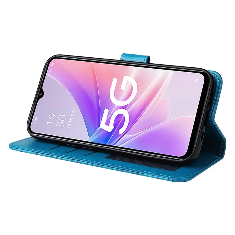 Für Oppo A57 (2022) 5G / A77 5G / K10 5G / A57 4G / A57s 4G / Realme Q5i / V23 4G / Narzo 50 5G PU Leder Hülle Sonnenblume geprägt Ständer Magnetisch Flip Geldbörse Handyhülle - Blau