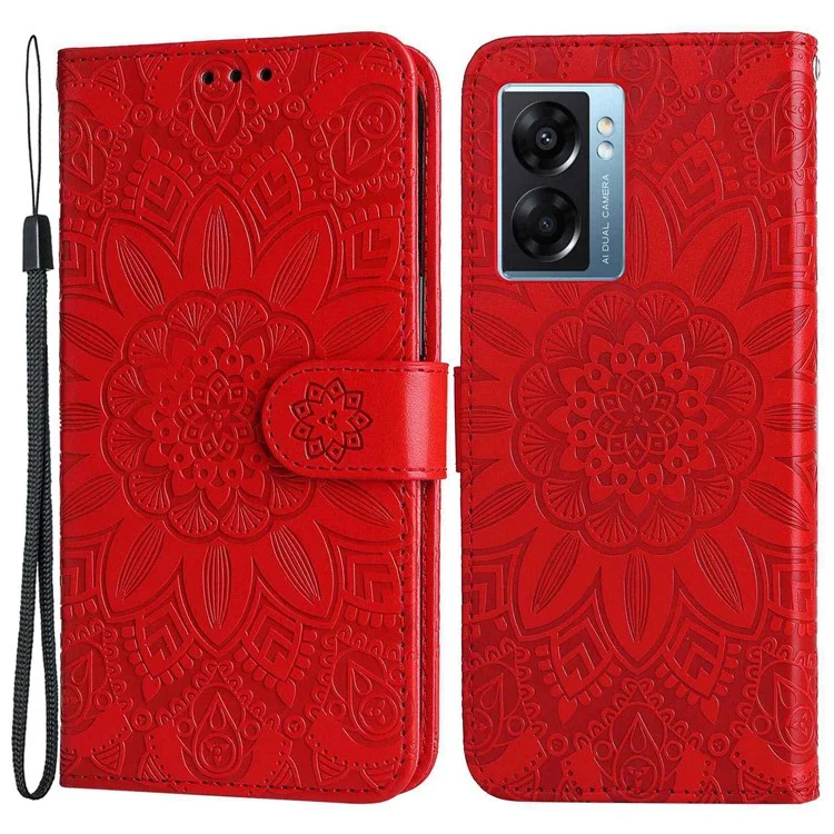 For Oppo A57 (2022) 5G / A77 5G / K10 5G / A57 4G / A57s 4G / Realme Q5i / V23 4G / Narzo 50 5G PU Leather Case Sunflower Imprinted Stand Magnetic Flip Wallet Phone Cover - Red