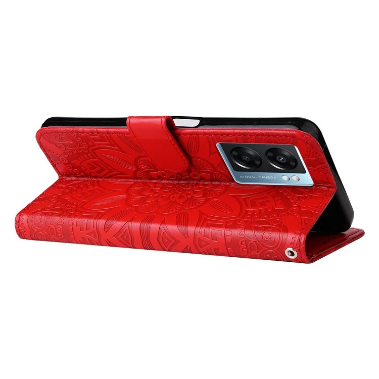 For Oppo A57 (2022) 5G / A77 5G / K10 5G / A57 4G / A57s 4G / Realme Q5i / V23 4G / Narzo 50 5G PU Leather Case Sunflower Imprinted Stand Magnetic Flip Wallet Phone Cover - Red