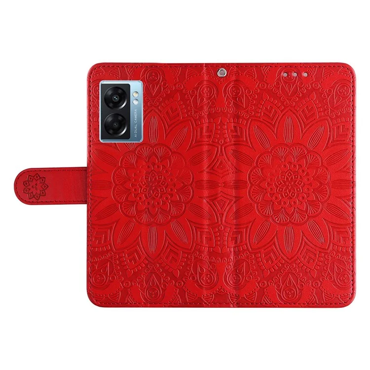 For Oppo A57 (2022) 5G / A77 5G / K10 5G / A57 4G / A57s 4G / Realme Q5i / V23 4G / Narzo 50 5G PU Leather Case Sunflower Imprinted Stand Magnetic Flip Wallet Phone Cover - Red