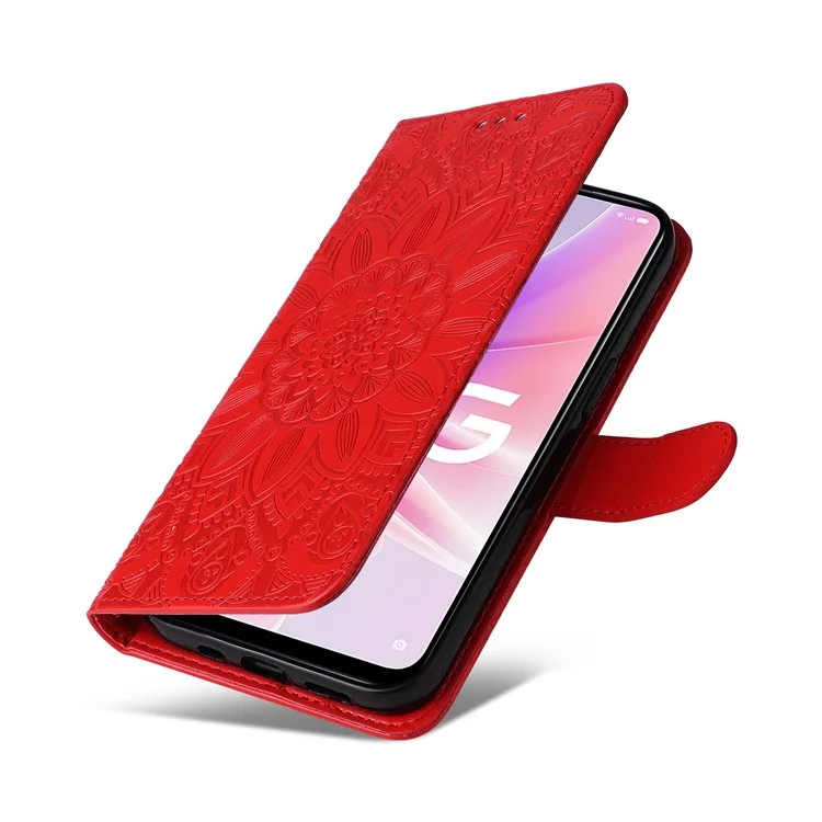 For Oppo A57 (2022) 5G / A77 5G / K10 5G / A57 4G / A57s 4G / Realme Q5i / V23 4G / Narzo 50 5G PU Leather Case Sunflower Imprinted Stand Magnetic Flip Wallet Phone Cover - Red
