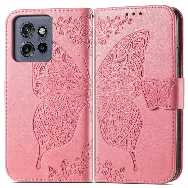 Pour Motorola Edge 50 Neo 5G / Moto S50 5G / Thinkphone 25 5G Étui en cuir PU Étui de téléphone Motif papillon - Rose