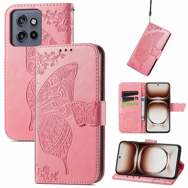 Pour Motorola Edge 50 Neo 5G / Moto S50 5G / Thinkphone 25 5G Étui en cuir PU Étui de téléphone Motif papillon - Rose