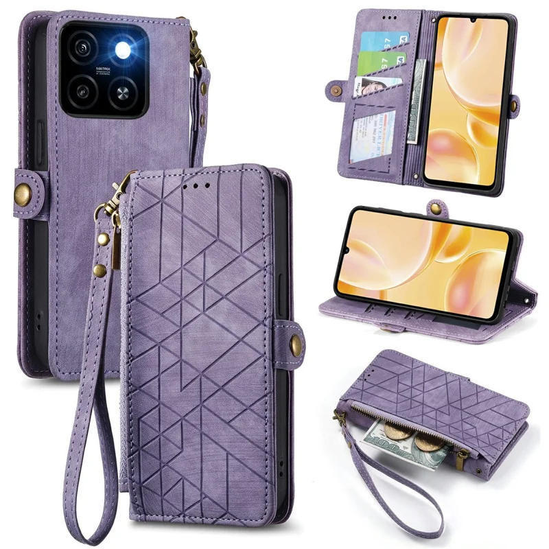 For ZTE Blade A55 Case Zipper Wallet Geometry Lines Leather Phone Cover - Light Purple