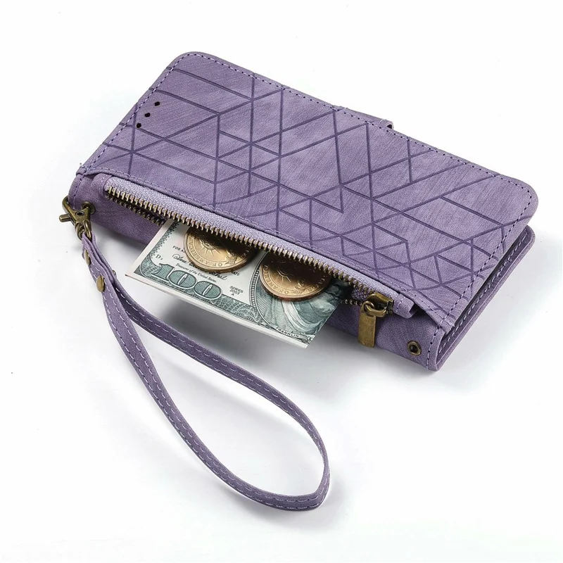 For ZTE Blade A55 Case Zipper Wallet Geometry Lines Leather Phone Cover - Light Purple