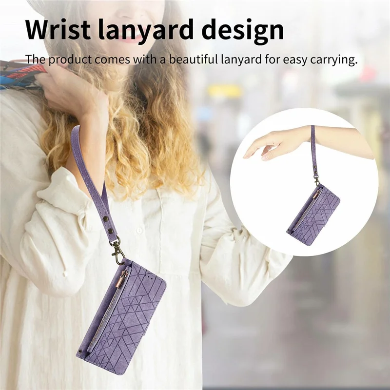 For ZTE Blade A55 Case Zipper Wallet Geometry Lines Leather Phone Cover - Light Purple