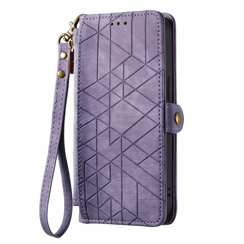 For ZTE Blade A55 Case Zipper Wallet Geometry Lines Leather Phone Cover - Light Purple