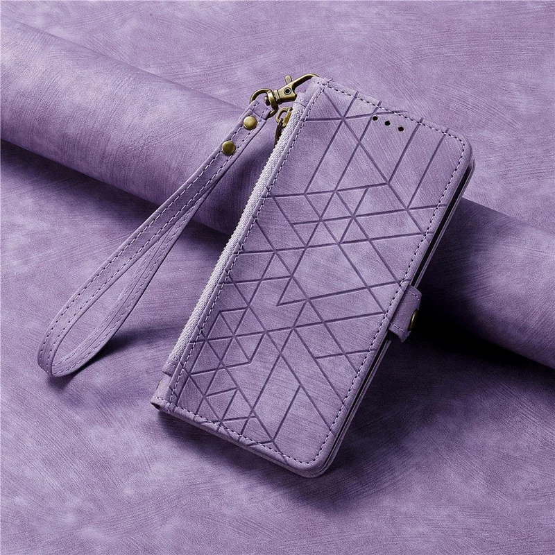 For ZTE Blade A55 Case Zipper Wallet Geometry Lines Leather Phone Cover - Light Purple