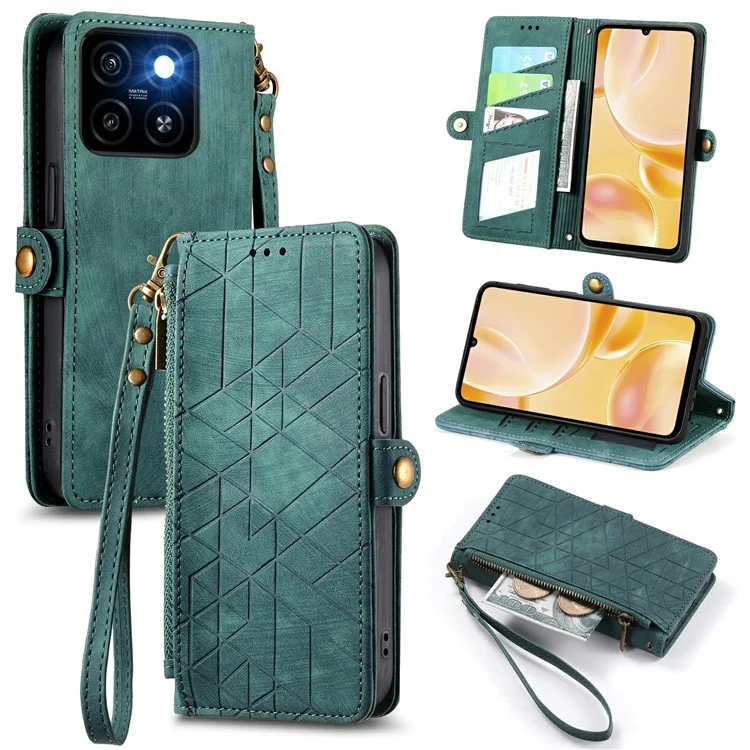 For ZTE Blade A55 Case Zipper Wallet Geometry Lines Leather Phone Cover - Green
