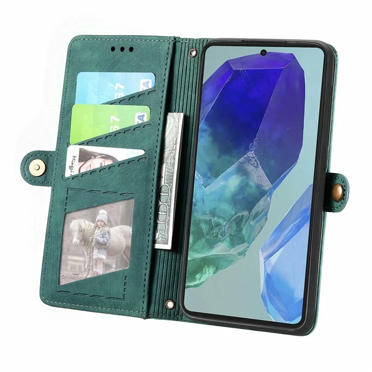 For ZTE Blade A55 Case Zipper Wallet Geometry Lines Leather Phone Cover - Green