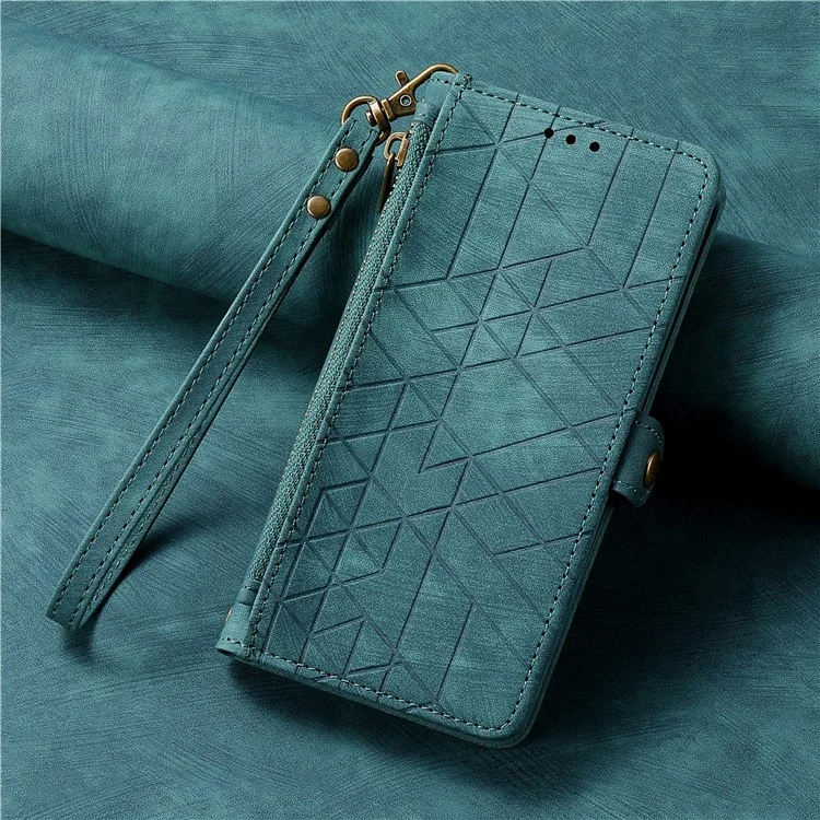 For ZTE Blade A55 Case Zipper Wallet Geometry Lines Leather Phone Cover - Green