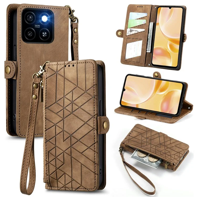 For ZTE Blade A55 Case Zipper Wallet Geometry Lines Leather Phone Cover - Brown